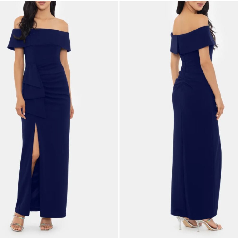NEW with tags Nordstrom xscape Ruched Off the Shoulder Crepe Gown in Navy